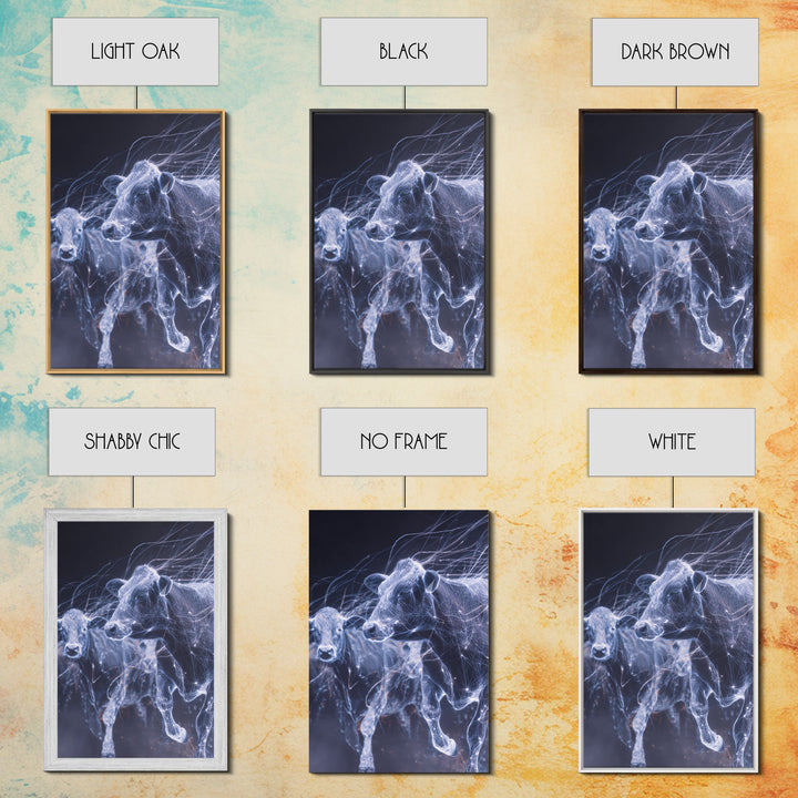 Glowing Running Cows Wall Art, Ethereal Blue Animal Canvas Print, Motion Study Farm Decor, Dreamy Modern Statement Piece
