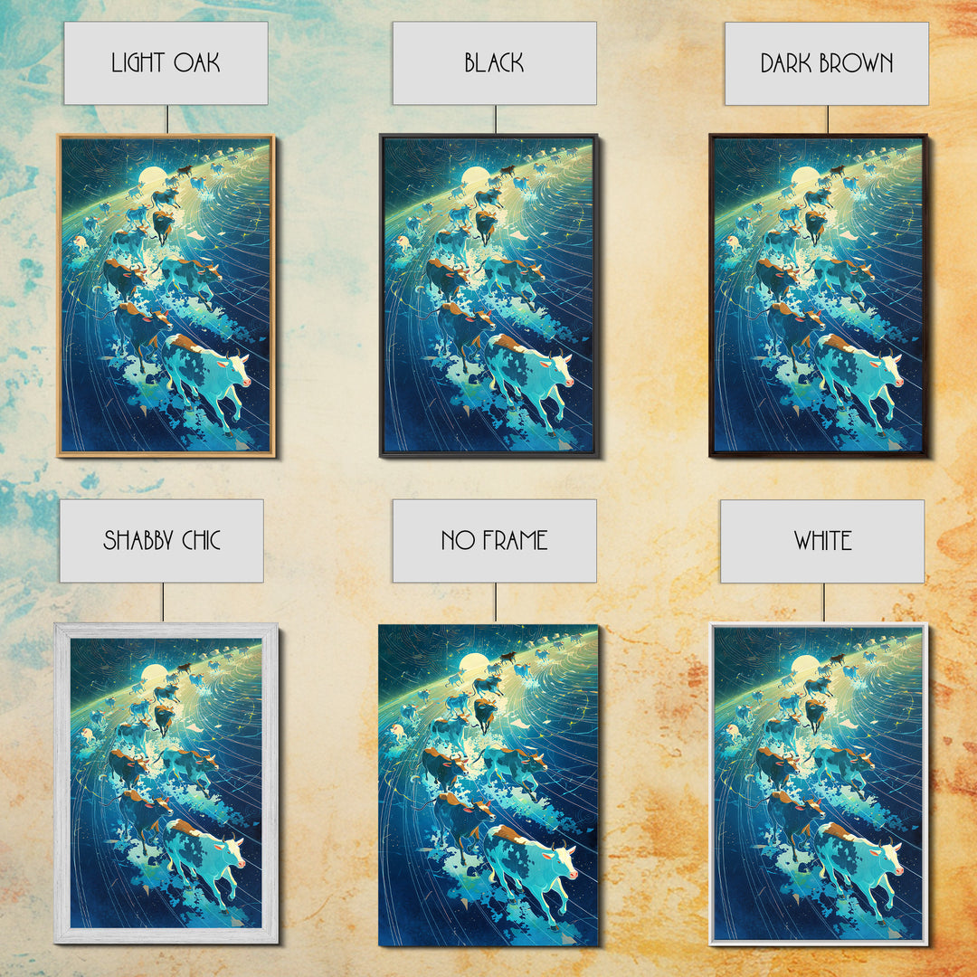 Cosmic Cattle Herd In Motion Wall Art, Blue Galaxy Animal Canvas Print, Dynamic Farm Decor, Unique Living Room Statement