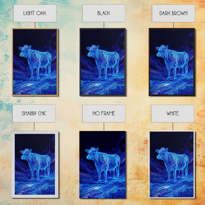 Electric Blue Cow Landscape Canvas Print, Neon Animal Wall Art, Mystical Night Farm Decor, Modern Nature Scene Painting Gift