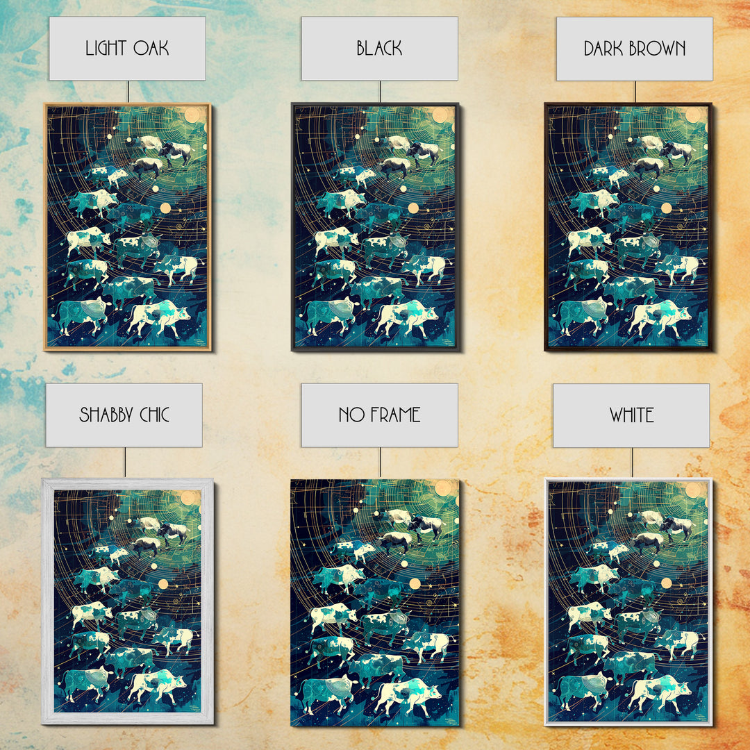 Celestial Cattle Herd Under Golden Star Map, Wall Art, Farm Animal Painting, Modern Canvas Art, Rustic Decor, Unique Gift