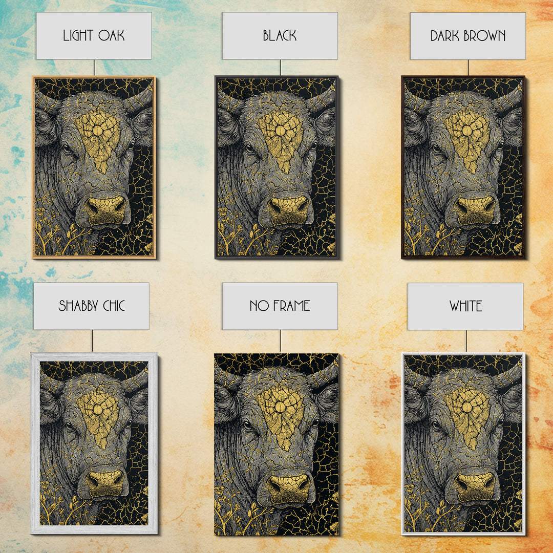 Cracked Gold Bull Portrait With Horns, Framed Canvas Print, Animal Wall Art, Black And Gold Art, Rustic Decor Statement Piece