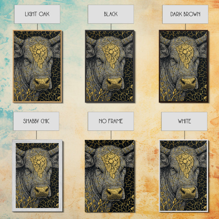 Cracked Gold Bull Portrait With Horns, Framed Canvas Print, Animal Wall Art, Black And Gold Art, Rustic Decor Statement Piece