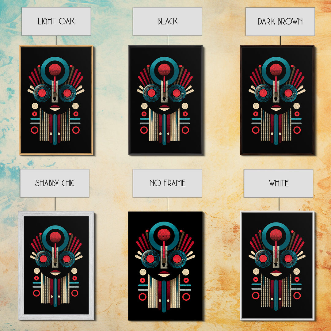 Geometric Tribal Mask In Red And Teal Canvas Print, African Mask Art, Abstract African Art, Afrocentric Wall Home Decor Gift