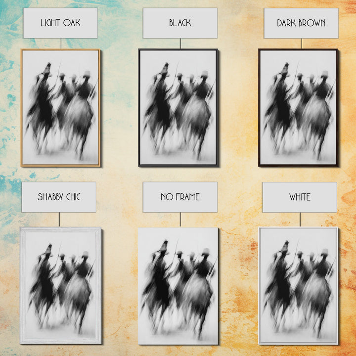 Blurred African Warriors Framed Canvas Print, Tribal Horsemen Wall Decor, Black And White Safari Art, Cultural Home Gift