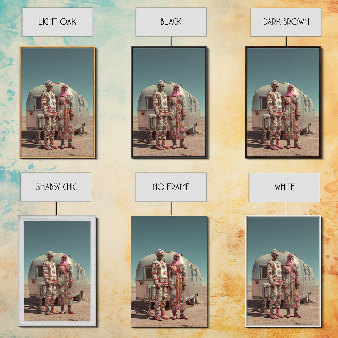 Afrofuturist Desert Couple Framed Canvas Print, African Fashion Portrait, Unique Camper Travel Wall Decor, Black Art Gift