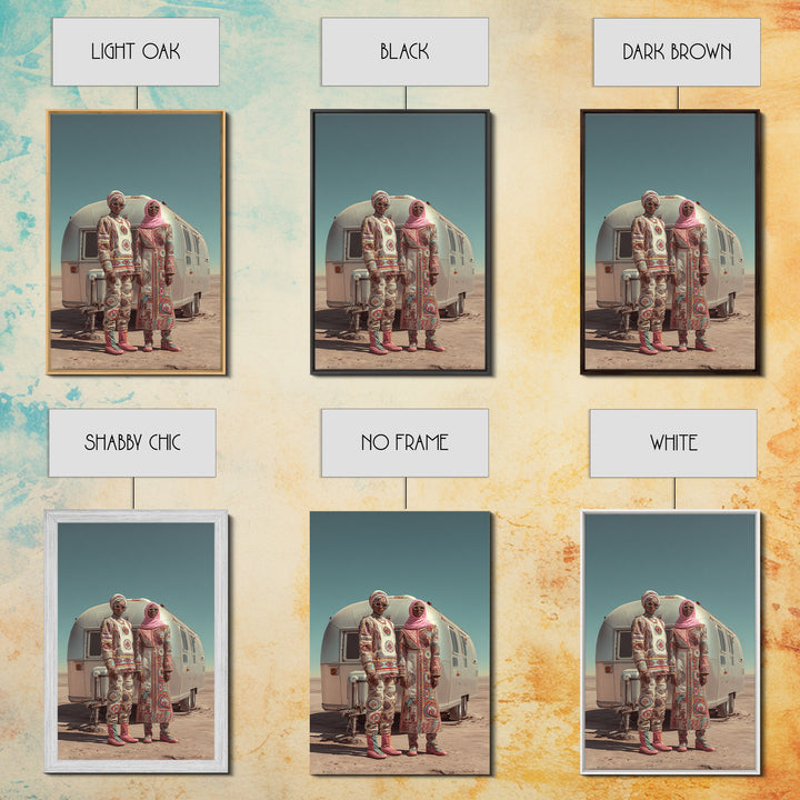 Afrofuturist Desert Couple Framed Canvas Print, African Fashion Portrait, Unique Camper Travel Wall Decor, Black Art Gift