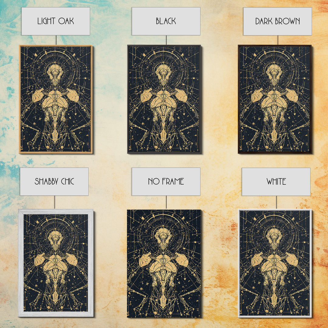 Gold Celestial Cyborg Blueprint Canvas Print, Afrofuturism Wall Decor, Sacred Geometry Robot Art, Modern Black And Gold Decor