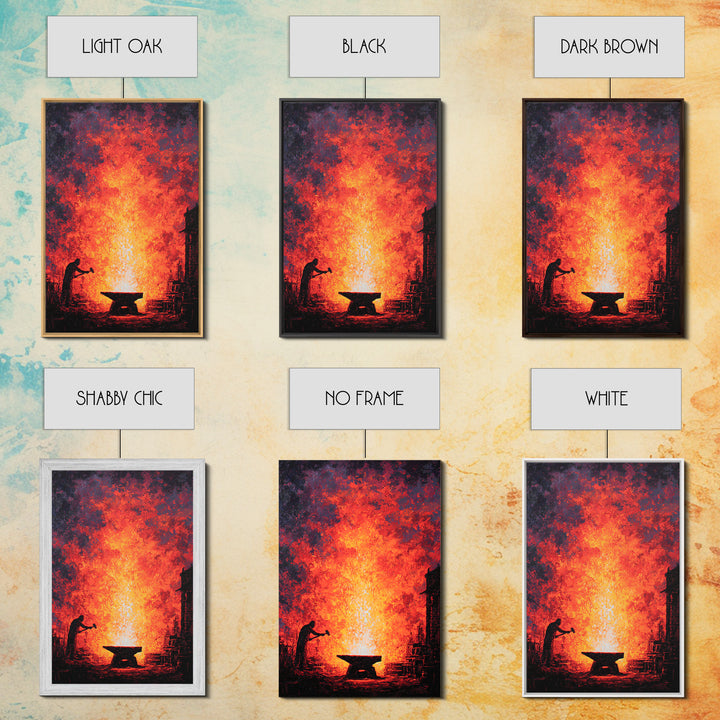 Lone Blacksmith Before Blazing Forge Wall Art, Fiery African Inspired Painting, Rustic Industrial Home Decor Gift For Him