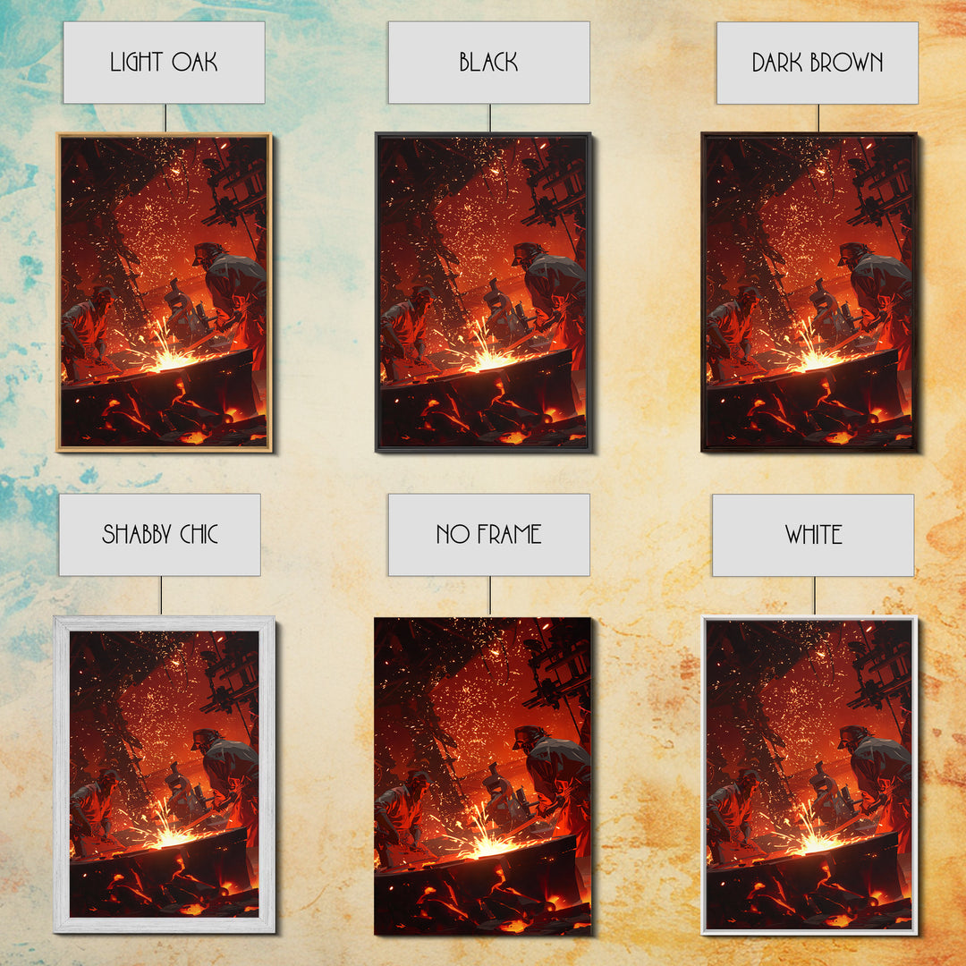 Two Foundry Workers Amid Sparks Framed Canvas Print, Fiery Industrial Wall Art, African Inspired Workshop Decor For Him Gift