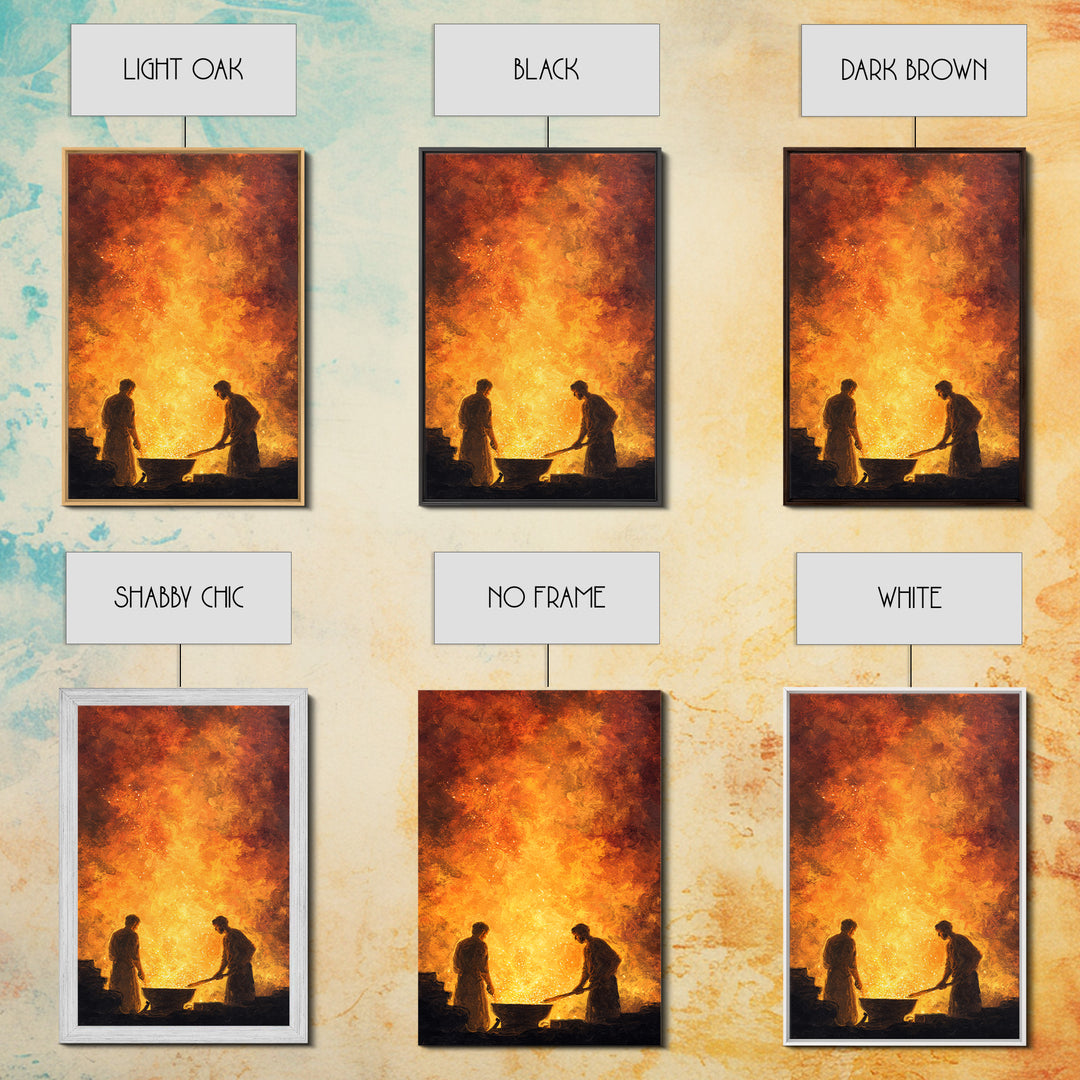 Two Blacksmiths Tending Glowing Forge Wall Art, Fiery African Inspired Painting, Rustic Workshop Home Decor Gift For Him