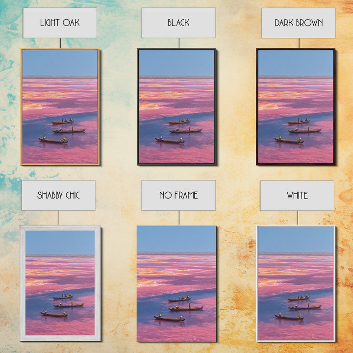 Pink Lake Boats African Landscape Wall Art, Senegal Salt Flats Canvas Print, Travel Decor, Serene Coastal Unique Artwork Gift