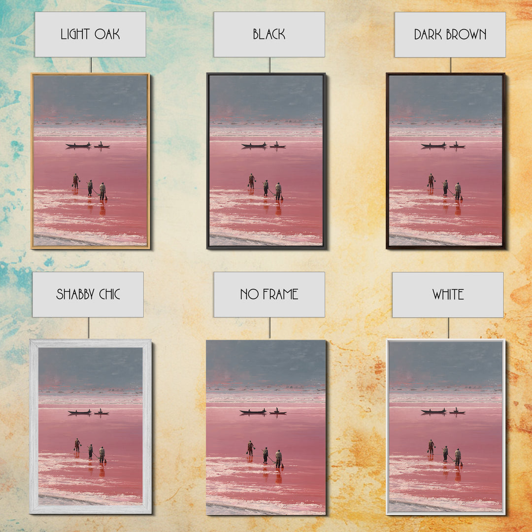 Rose Salt Lake Workers Canvas Print, African Landscape Wall Art, Pink Water Boats, Travel Poster, Serene Home Decor Gift