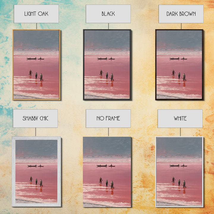 Rose Salt Lake Workers Canvas Print, African Landscape Wall Art, Pink Water Boats, Travel Poster, Serene Home Decor Gift