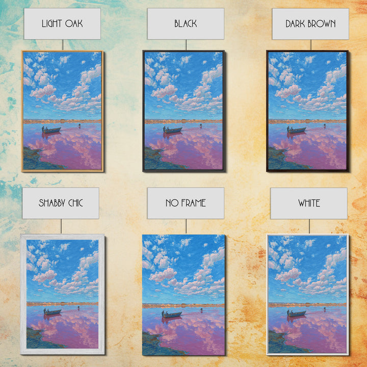 Blue Sky Pink Lake Canvas Print, African Landscape Wall Art, Boat Scene Travel Poster, Dreamy Nature Decor For Living Room