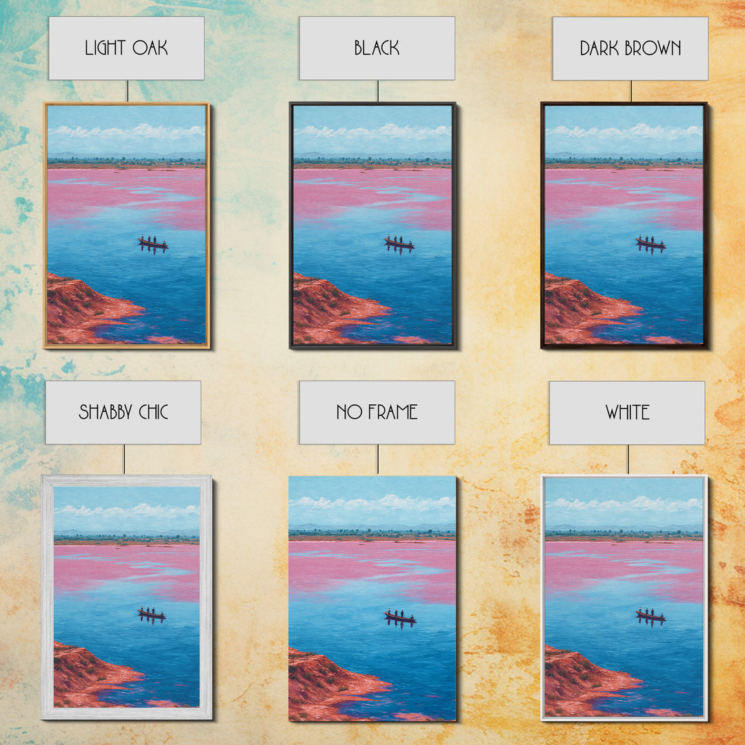 Pink Salt Lake Fishermen Boat Wall Art, African Landscape Canvas Decor, Afrocentric Travel Print, Vibrant Living Room Artwork