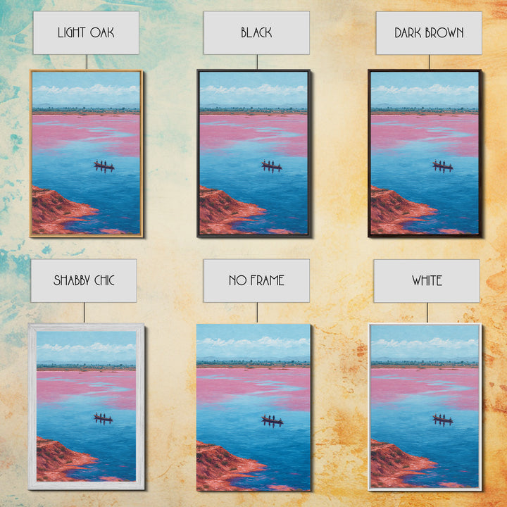 Pink Salt Lake Fishermen Boat Wall Art, African Landscape Canvas Decor, Afrocentric Travel Print, Vibrant Living Room Artwork