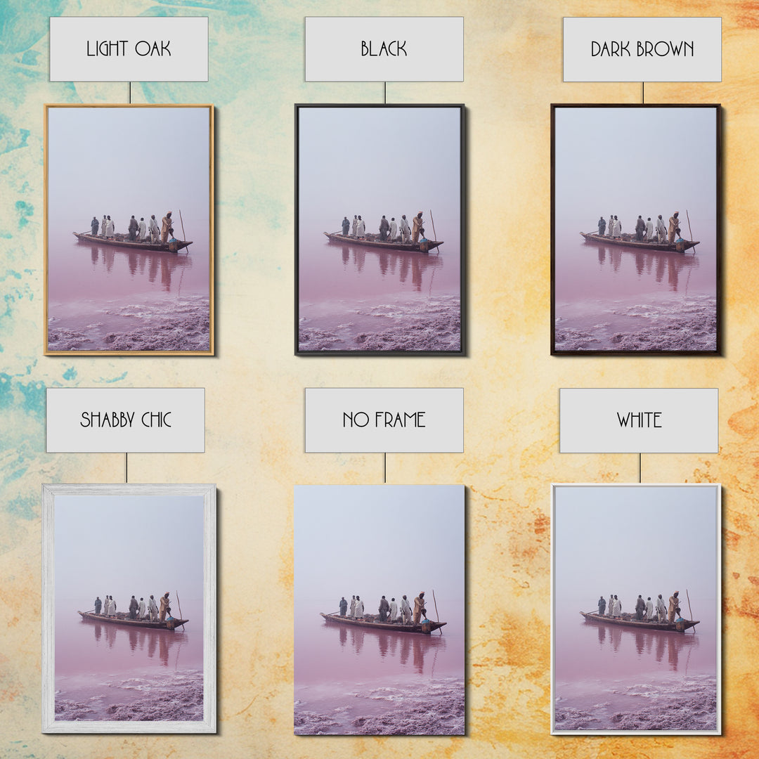 Misty Pink Lake Boat Canvas Print, African Fishermen Wall Art Decor, Minimalist Pastel Landscape, Serene Living Room Art