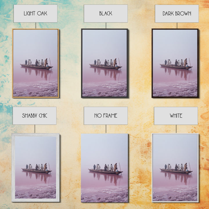Misty Pink Lake Boat Canvas Print, African Fishermen Wall Art Decor, Minimalist Pastel Landscape, Serene Living Room Art