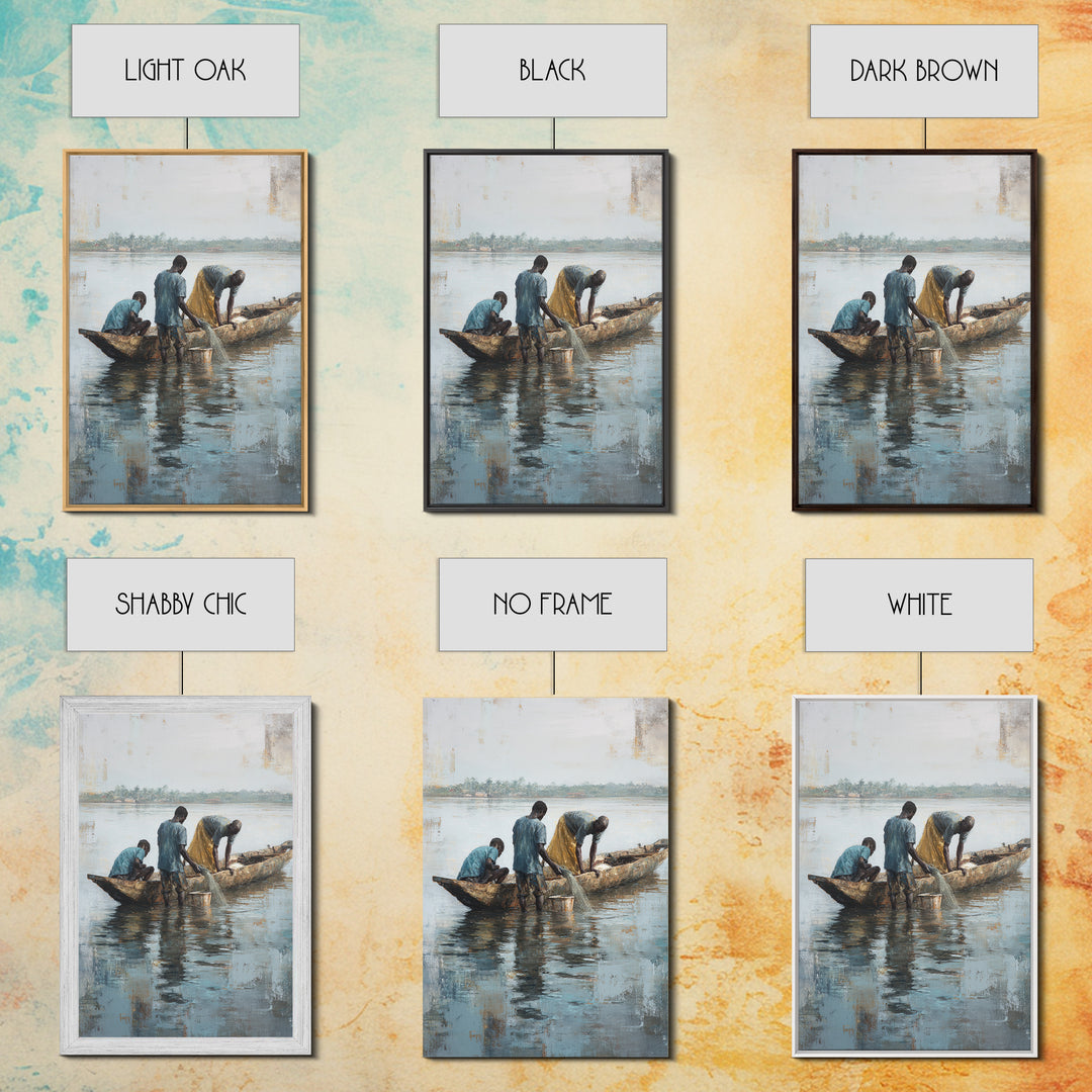 Fishermen Washing Nets By Canoe Wall Art, African Painting Canvas Decor, Cultural River Scene, Rustic Living Room Home Decor Gift