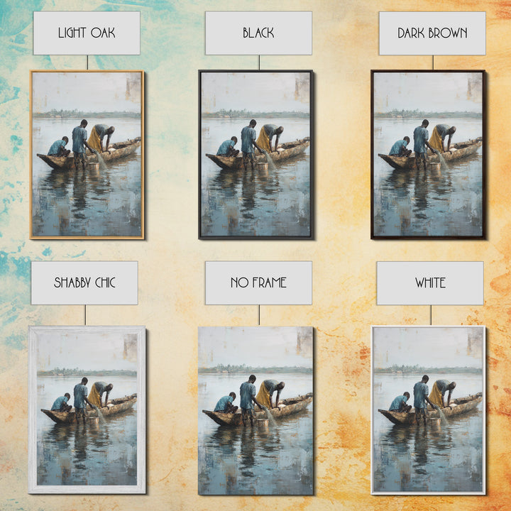 Fishermen Washing Nets By Canoe Wall Art, African Painting Canvas Decor, Cultural River Scene, Rustic Living Room Home Decor Gift