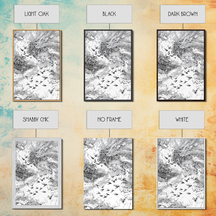 Black And White Bird Flock Storm Wall Art, Abstract African Inspired Nature Sketch, Minimalist Canvas Decor, Modern Office Gift