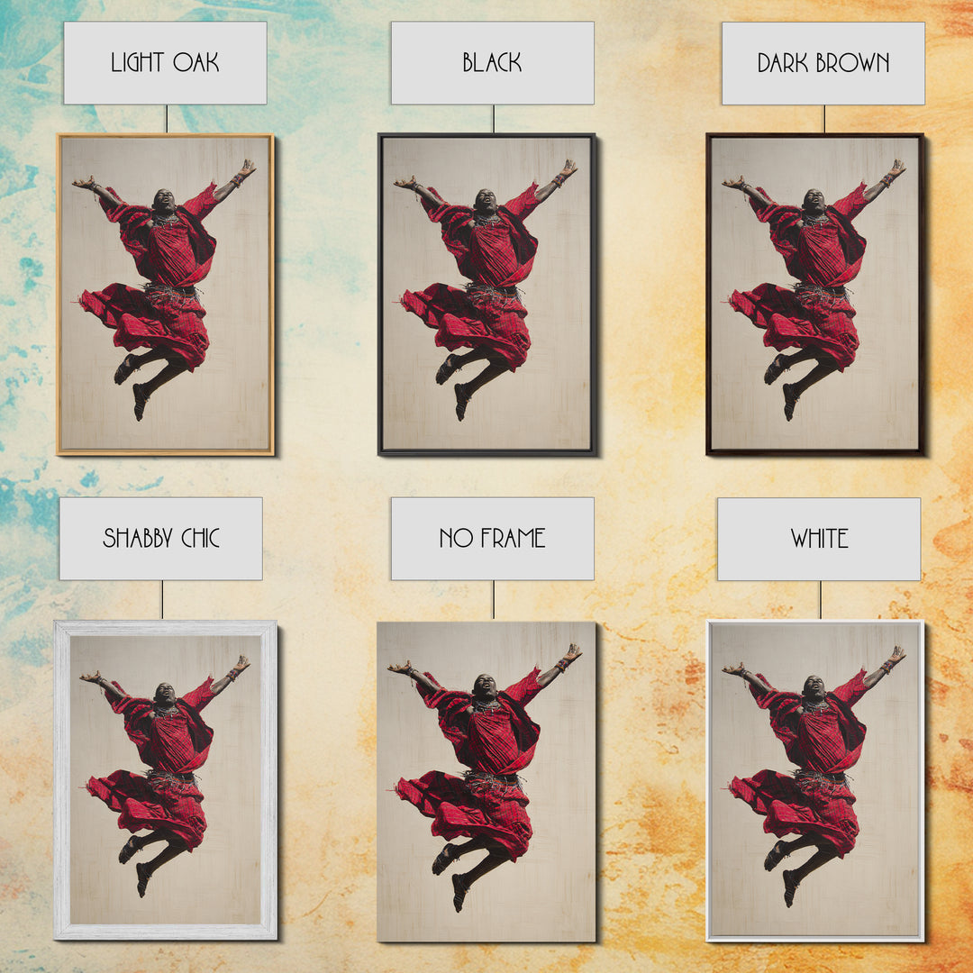 Joyful Maasai Dancer Leaping In Red Framed Canvas Print, African Warrior Art, Cultural Portrait, Bold Living Room Decor Gift