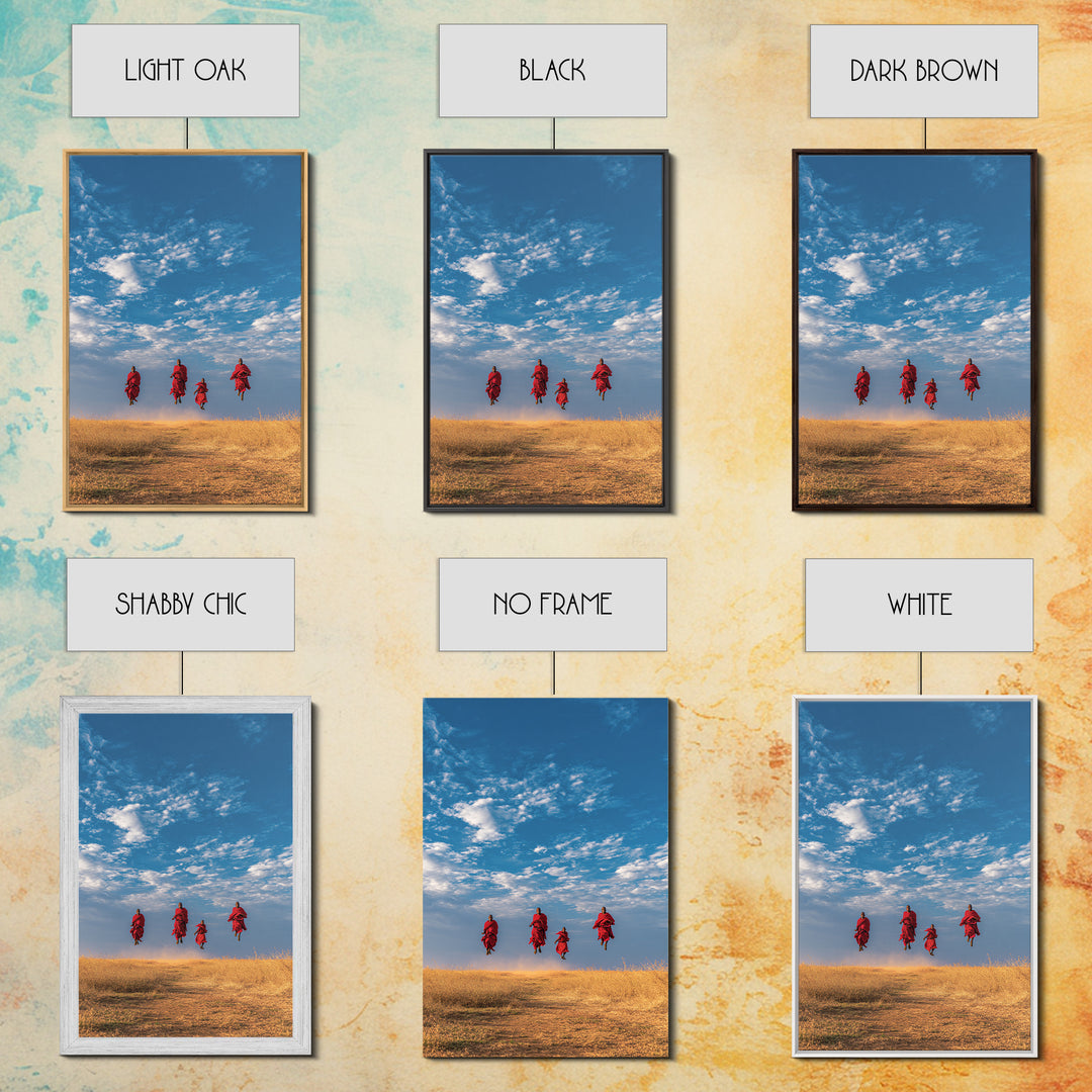 Four Maasai Warriors Jumping Over Savanna Wall Art, African Safari Art Print, Blue Sky Landscape, Cultural Home Decor Gift