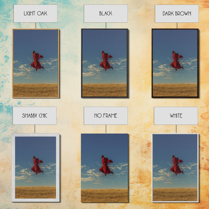 Solo Maasai Warrior Leaping Above Golden Grass Wall Art, African Safari Portrait, Red Robe Landscape, Cultural Decor Gift