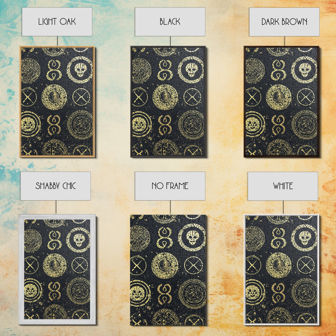 Gold Tribal Symbols And Skulls On Black Texture Canvas Print, African Abstract Wall Art, Mystical Pattern Home Decor Gift