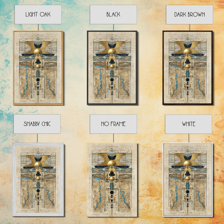 Egyptian Sacred Geometry Totem Canvas Print, African Egyptian Wall Art, Gold Blue Map Decor, Mystical Ancestral Poster Print
