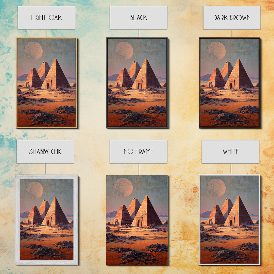 Moonlit Nubian Pyramids Framed Canvas Print, African Egyptian Art, Mystical Desert Wall Decor, Cultural Artwork, Home Decor Gift