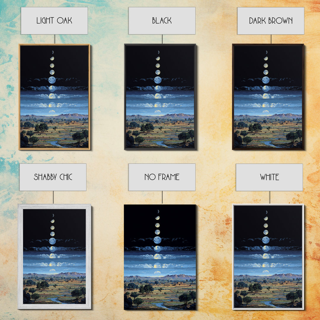 Blue Moon Phases Over African Savanna Landscape Wall Art, Spiritual Safari Decor, Mystical Nature Scene For Living Room Gift