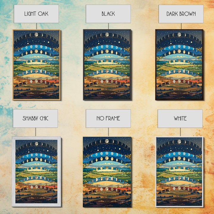 Layered Moon Phase Landscape With Rolling Fields Canvas Print, Dreamy Nature Wall Decor, Modern Boho Art For Living Room