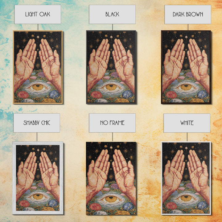 Mystic Open Hands Above All Seeing Eye And Planets Wall Art, Spiritual Meditation Decor, Surreal Occult Unique Home Art Gift