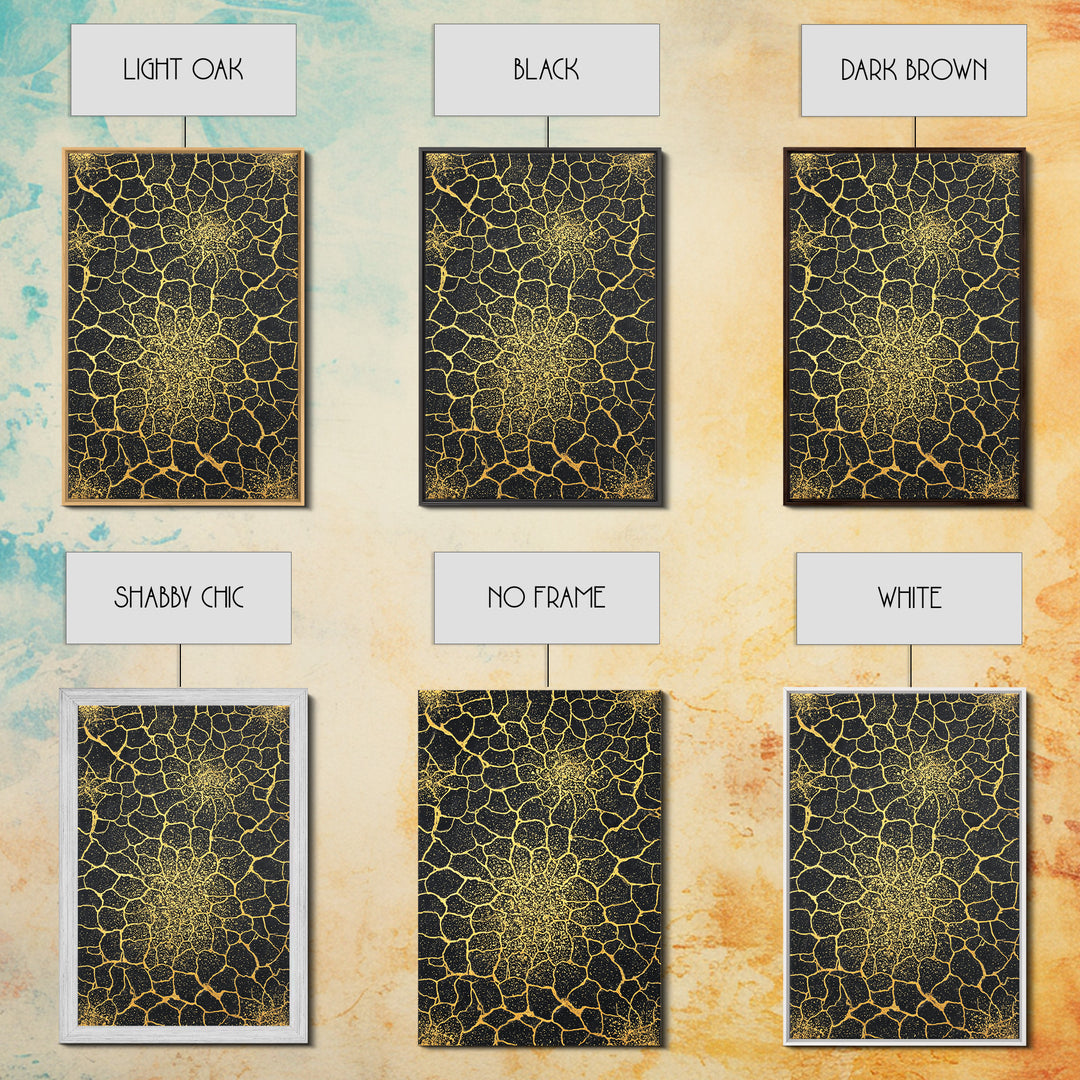 Gold Botanical Crackle Pattern Canvas Print, Black Abstract Wall Art, Geometric Floral Decor, Luxury Statement Piece For Modern Home