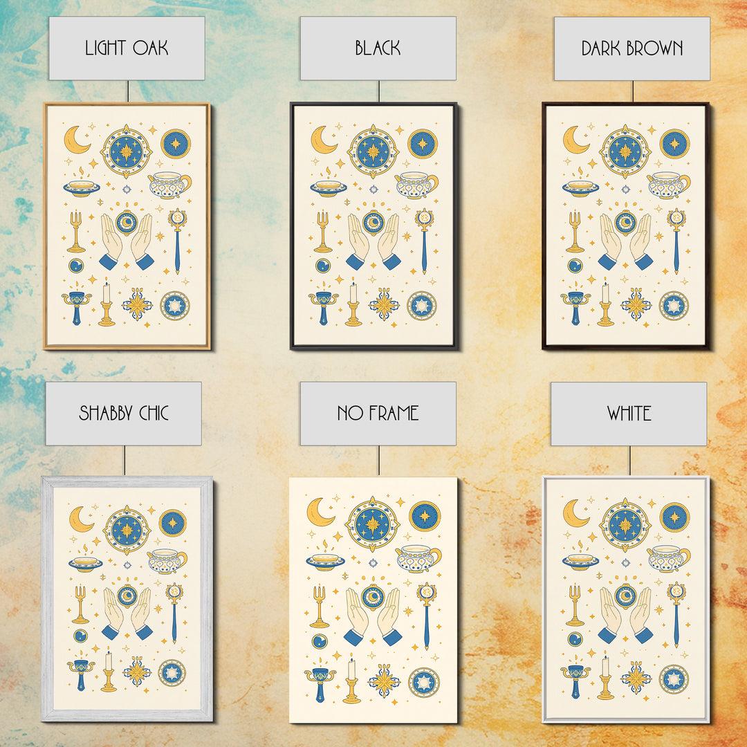 Blue Gold Celestial Symbols With Moon Hands And Stars Wall Art, Mystical Spiritual Boho Decor, Elegant Gallery Canvas Print