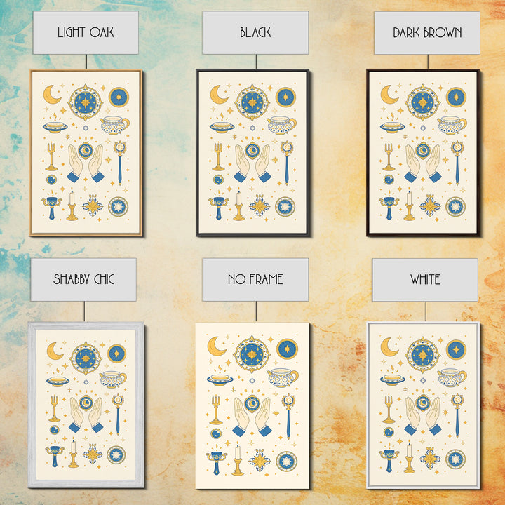Blue Gold Celestial Symbols With Moon Hands And Stars Wall Art, Mystical Spiritual Boho Decor, Elegant Gallery Canvas Print