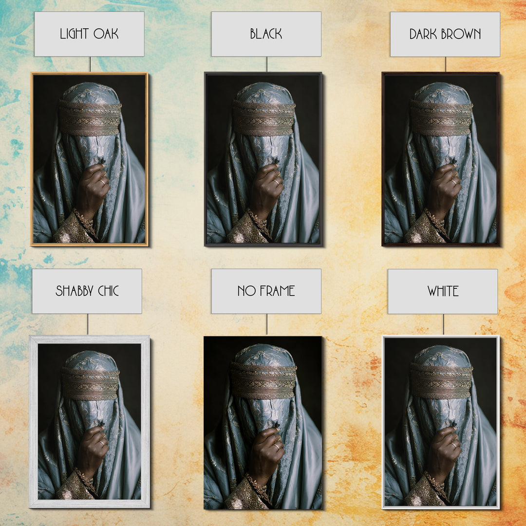 Blue Gold Veiled African Woman Portrait Framed Canvas Print, Luxury Afrocentric Wall Decor, Cultural Photography Fine Art