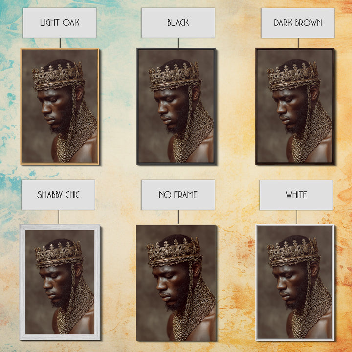Profile Of Black King In Gold Crown And Chains Wall Art, African American Royal Portrait, Luxury Black Culture Decor Gift