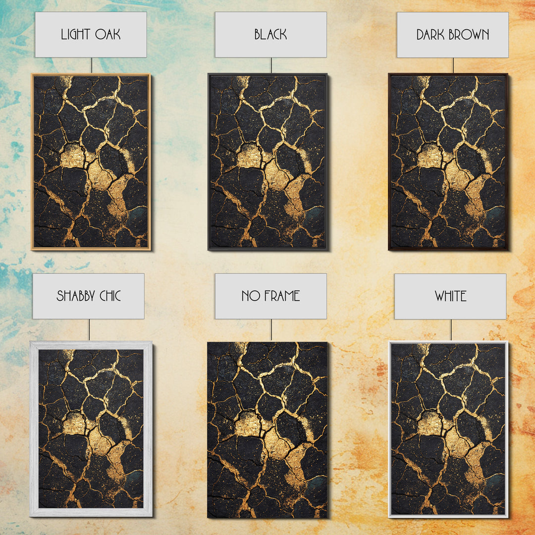 Black And Gold Cracked Earth Abstract Wall Art, Kintsugi Texture Modern Canvas Print, Luxury Earth Tone Statement Home Decor