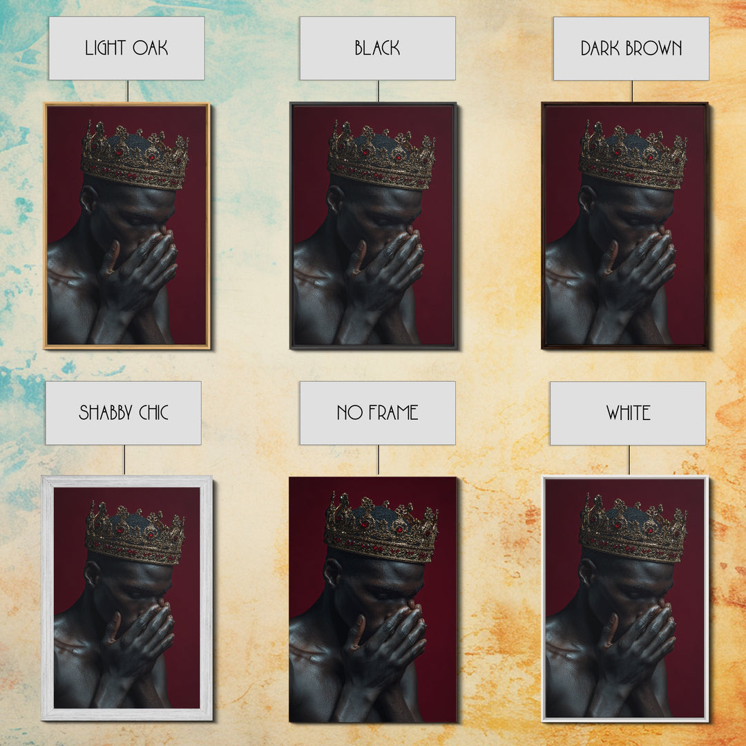 Praying Black King With Ruby Gold Crown Wall Art, African American Royal Portrait, Spiritual Black Culture Home Decor Gift