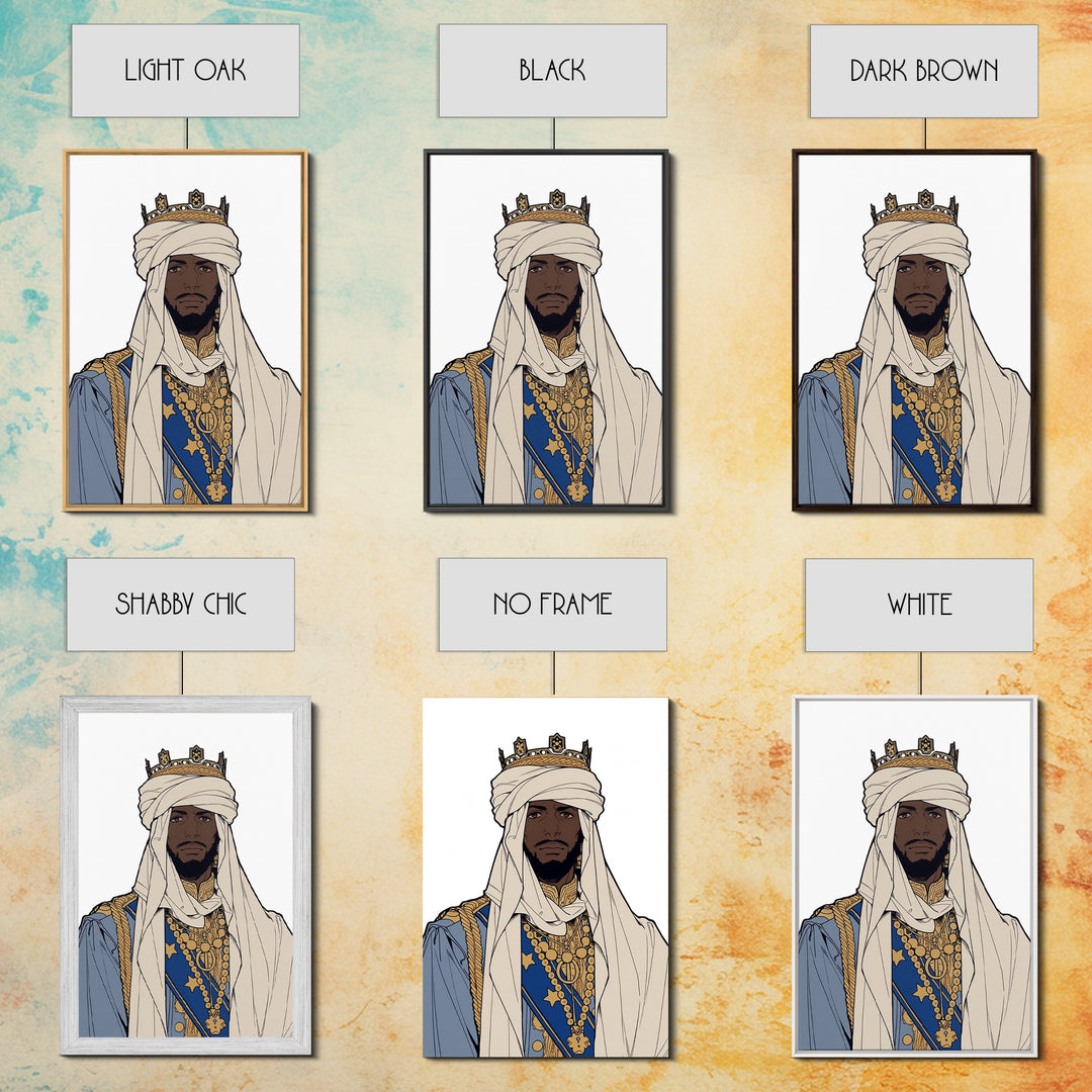 Regal African King In White Turban And Blue Robe Canvas Print, Afrocentric Royal Portrait Wall Art, Cultural Home Decor Gift