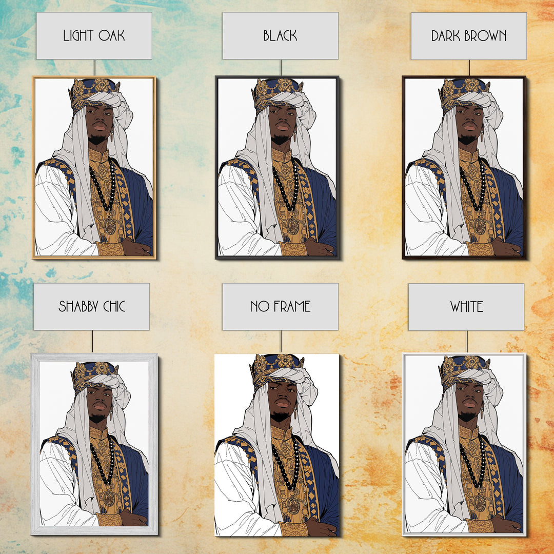 Regal African Prince In Crown White Turban And Blue Robe Framed Canvas Print, Afrocentric Black Royal Portrait Wall Art Decor