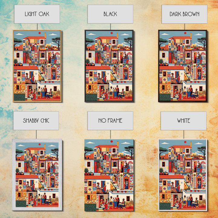 Vibrant African Neighborhood Scene Wall Art, Community Life Canvas Print, Patterned House, Afrocentric Cultural Decor, Gift
