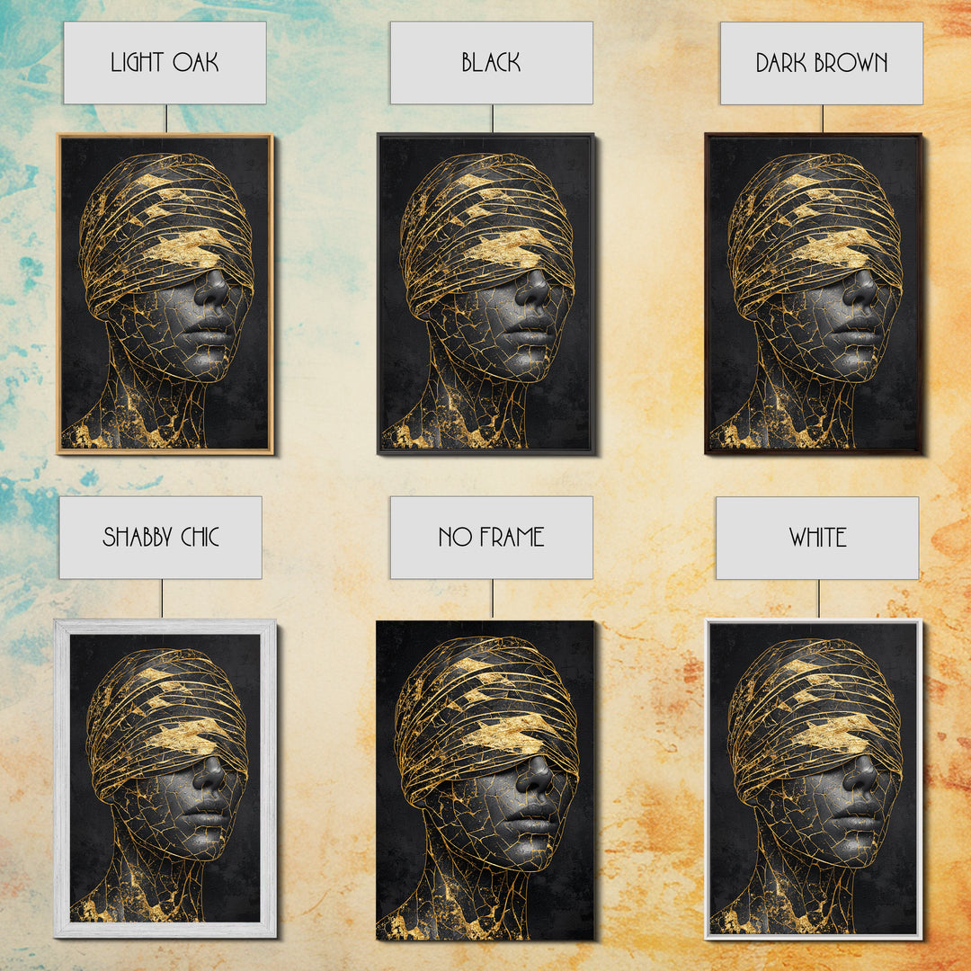 Blindfolded Gold Black Woman Canvas Print, African American Art, Feminine Afrocentric Portrait, Luxury Statement Home Decor
