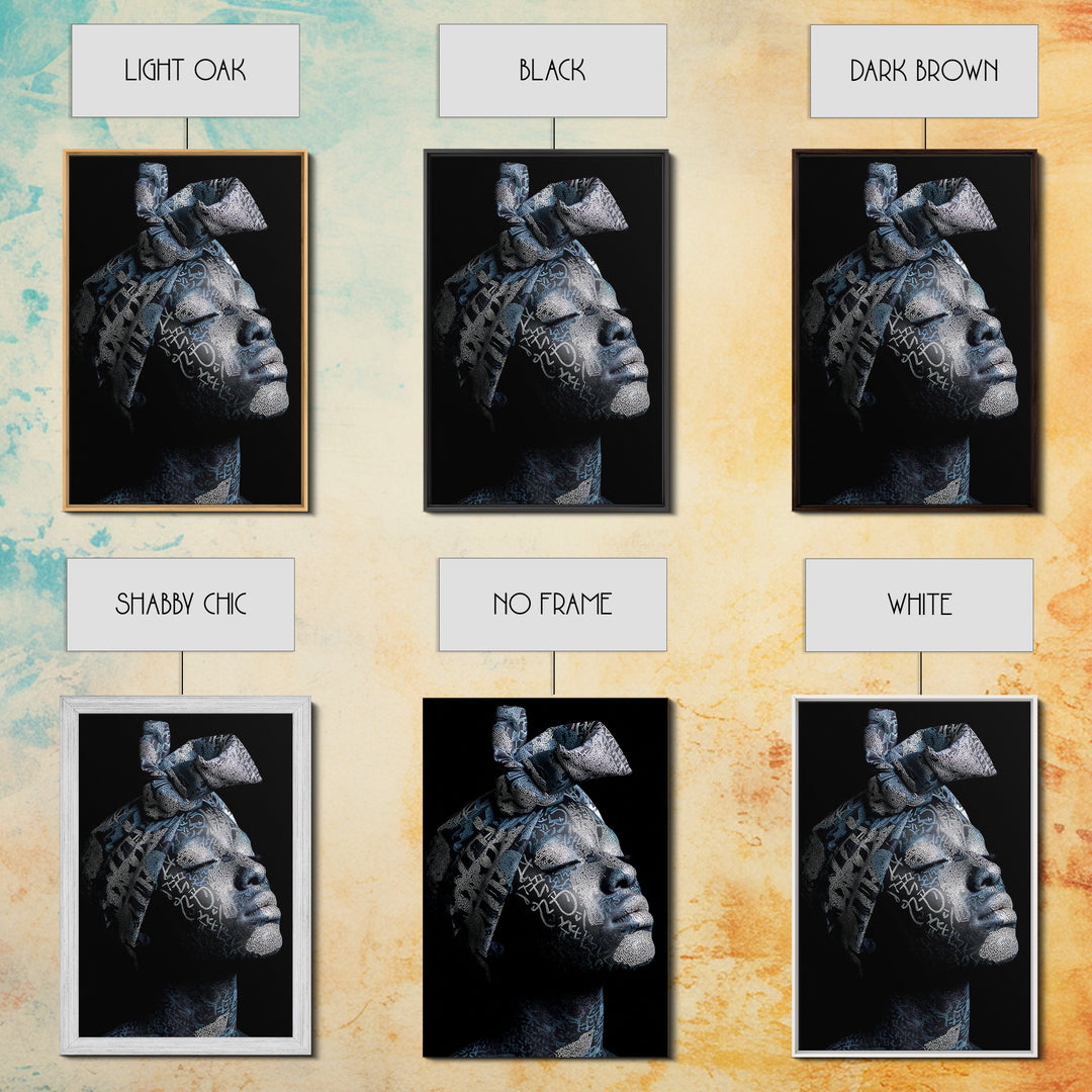 Blue Headwrap Black Woman Framed Canvas Print, African Portrait Art, Afrocentric Wall Decor, Modern Cultural Home Decor Gift