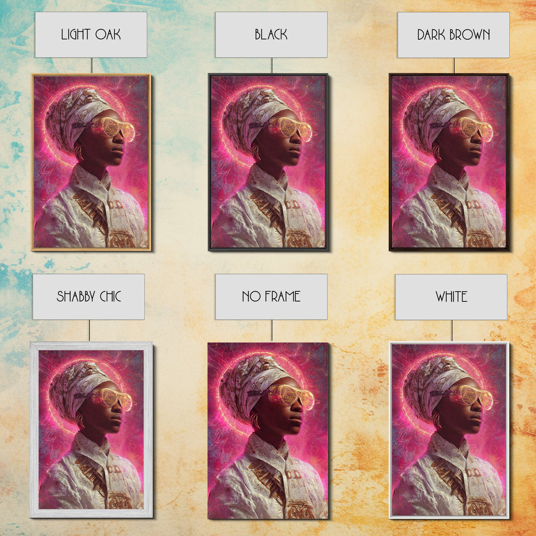 Neon Halo African Queen Wall Art, Sunglasses Headwrap Portrait, Afrofuturism Decor, Black Goddess Vibrant Pink Canvas Print
