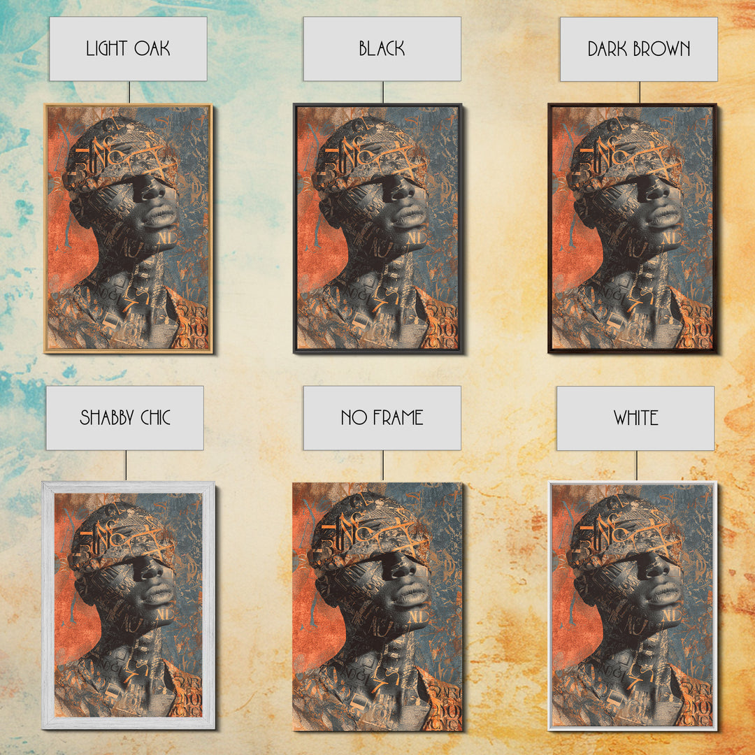 Blindfolded Black Woman Canvas Print, Abstract Typography Portrait, African American Art, Burnt Orange Afrocentric Decor