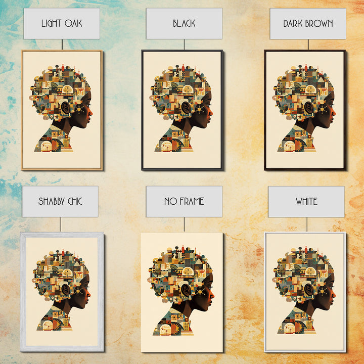 Profile Of African Woman With Architectural Afro, Wall Art, Geometric Portrait, Cultural Home Decor, Modern Afrocentric Art Print