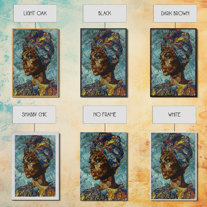 Textured African Woman Portrait In Blue Headwrap, Framed Canvas Print, Contemporary Black Art, Ethnic Wall Decor Gift For Her